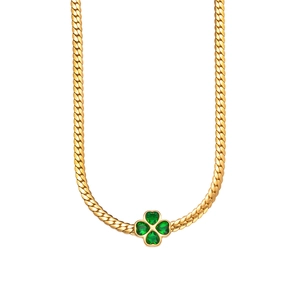 Gold-plated chunky chain necklace with emerald green heart clover pendant on white background