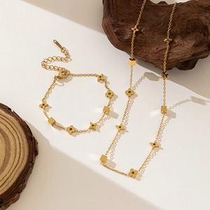 Flower Four Leaf Clover Jewelry Set Stainless Steel Geometric Cube Charm Necklace Bracelet Anklet For Women Fashion