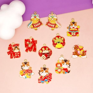 Detailed macro view of various festive Chinese Zodiac Horse enamel charms for DIY crafts.