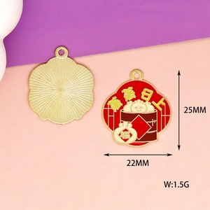 Detail of red enamel alloy charm with prosperity steamer design and dimensions