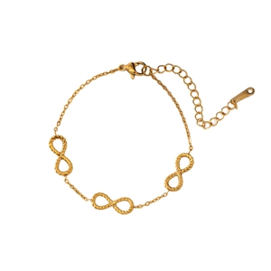 Close-up of gold infinity bracelet with twisted texture, lobster clasp, and extension chain