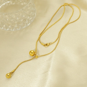 Collier long réglable doré en forme de Y avec chaîne serpent et perles lisses en acier