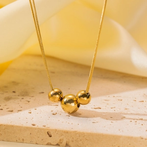 Minimalist Gold Plated Stainless Steel Double Layer Snake Bone Chain Necklace With Polished Graduated Round Beads For Women