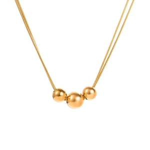 Gold double-layered stainless steel snake chain necklace with three polished round beads