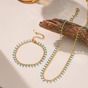 Golden titanium steel jewelry set with blue enamel waterdrop pendants for beach summer style