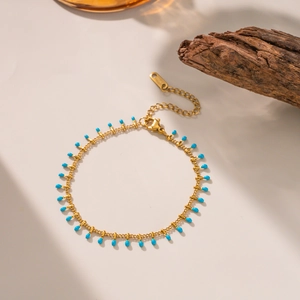 Gold stainless steel link bracelet with turquoise blue waterdrop charms for summer style