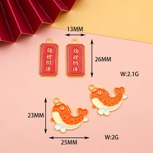 Detailed macro shot of DIY alloy koi fish and lucky plaque charms with size info