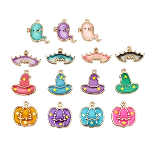 Assorted Halloween enamel charms featuring colorful ghosts, bats, pumpkins, and wizard hats.