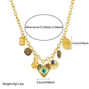 18K gold plated stainless steel chunky necklace with enamel eye and hand charms