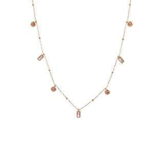 Gold plated necklace with alternating round and rectangular pink crystal pendants