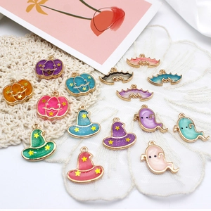 Colorful Halloween alloy enamel charms set with pumpkin, ghost and wizard hat pendants