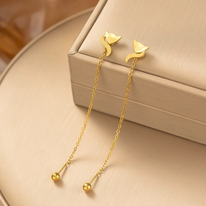 Golden long chain fox stud earrings for women with delicate drop tassel and polished finish
