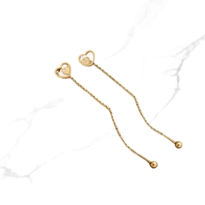 Minimalist gold double heart drop earrings with long metal chain and dangle beads