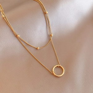 Layered Necklace Titanium Steel 18K Gold Plated Round Ring Pendant Minimalist Choker For Women Elegant Style