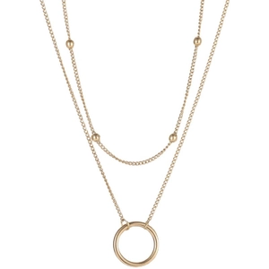 Double-layer 18K gold-plated stainless steel necklace with bead chain and circular pendant
