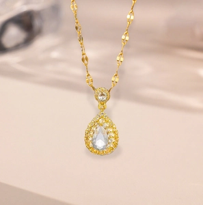 Elegant gold pear cut teardrop pendant necklace with sparkling micro-pave crystals