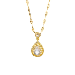 Elegant gold necklace with a pear-cut emerald pendant and sparkling halo setting