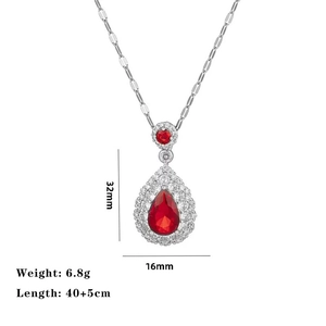 Detail showing 32x16mm red teardrop pendant necklace with silver chain measurements