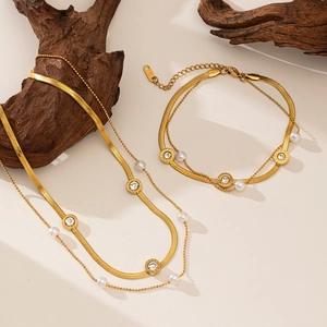 Collier Et Chevillère Superposés En Acier Inoxydable Avec Künstliche Perles D'imitation Pendentif Zircone Chiffres Romains Bijoux Vintage Dorés