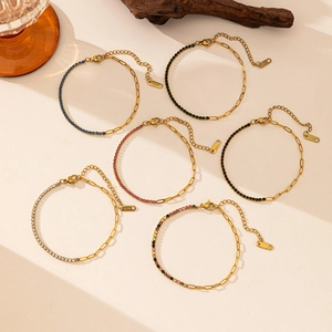 Elegant 18K gold plated stainless steel bracelet with zircon inlay and link chain