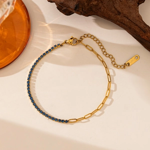 18k gold plated stainless steel bracelet with blue cubic zirconia and paperclip chain