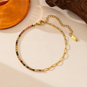 Gold stainless steel paperclip chain bracelet with multi-color zircon stones and lobster clasp