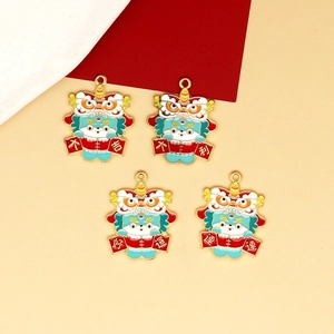 Set of four colorful Chinese Lion Dance enamel charms with lucky character banners for DIY