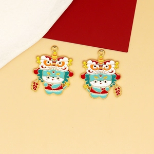 Detail view of colorful Chinese lion dance enamel charms for DIY keychains and bags