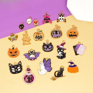 Halloween Cartoon DIY Enamel Alloy Charms Pumpkin Black Cat Skull Ghost House Pendants For Necklace Bracelet Jewelry Making