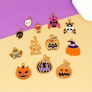 Halloween themed alloy enamel charms set featuring pumpkins skulls and cats for DIY jewelry.