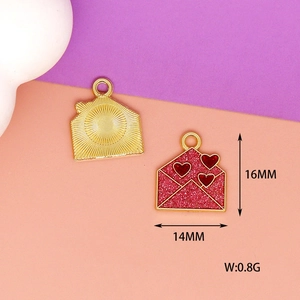 Detailed view of red glitter heart envelope charm with 16mm height and 14mm width dimensions