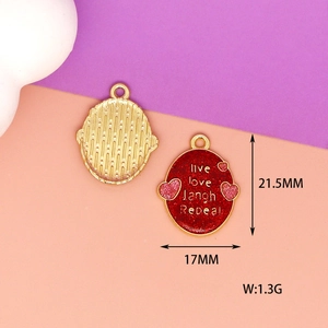 Close-up of oval heart alloy pendant showing 21.5mm height, 17mm width, and 1.3g weight.