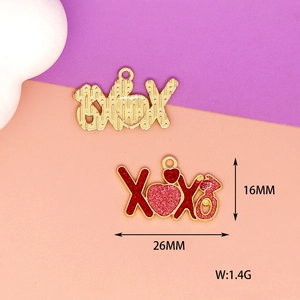 Detail view of red glitter XOXO heart charms with 26mm x 16mm product dimensions