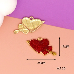 Glittery red Valentine's Day heart arrow alloy jewelry charm shown with 25x17mm size