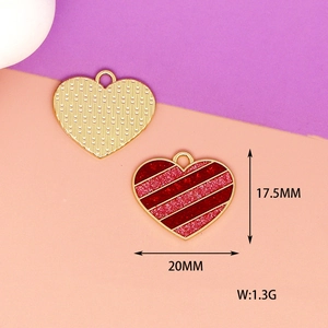 Detailed view of red glitter striped heart charm with 20x17.5mm size dimensions