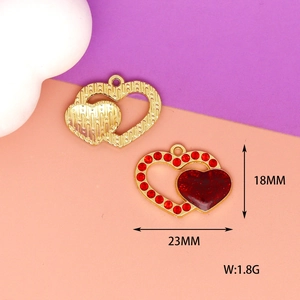 Detailed macro shot of red rhinestone heart charm measuring 23mm by 18mm for DIY jewelry