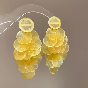 Elegant tiered yellow shell disc drop earrings with silver needle posts for women