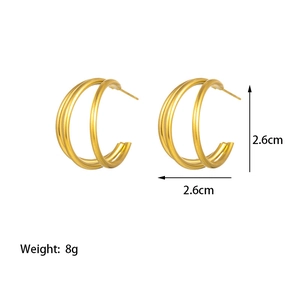 Three-layer matte gold C-shaped hoop earrings measuring 2.6cm by 2.6cm on white background