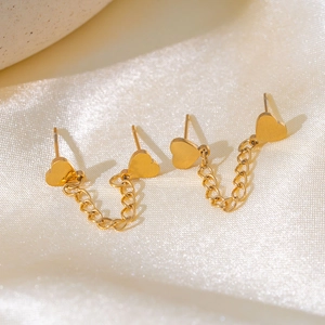 Boucles D'Oreilles Double Perçage En Acier Inoxydable Avec Chaîne Cœur Puces Cœur Plaquées Or Tendance Pour Femmes