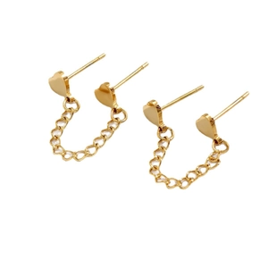 Boucles d'oreilles cœur dorées avec chaîne fine en acier inoxydable poli brillant