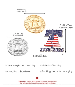 Detailed size chart for 250th Anniversary US Liberty Bell badge and metal coins