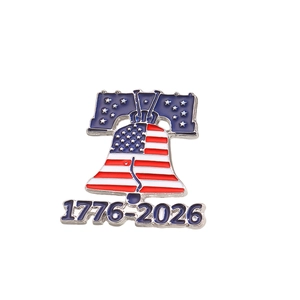 Detailed close-up of the 1776-2026 Liberty Bell brooch with American flag enamel patterns