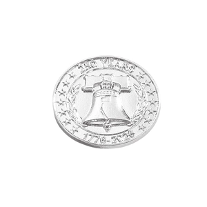 Detailed engraving of a Liberty Bell silver coin for US 250th anniversary