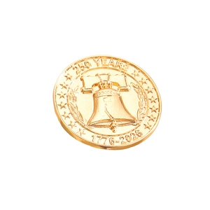 Detailed relief of the Liberty Bell on a 250 Years gold commemorative coin 1776-2026