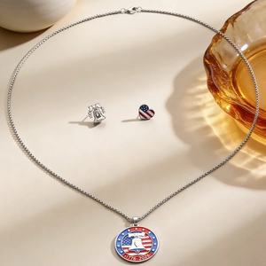 Detailed view of 2026 US Independence Day necklace and patriotic stud earring set