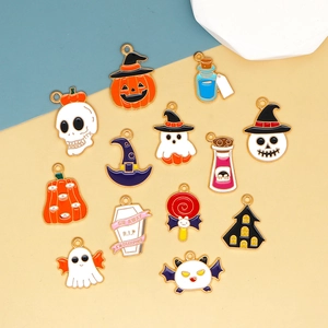 Set of mixed Halloween alloy enamel charms featuring ghosts, pumpkins, and witch hats.