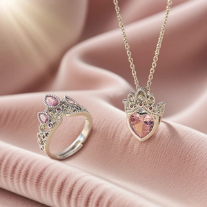 Sweet Pink Heart Zirconia Crown Jewelry Set Stainless Steel Copper Necklace And Adjustable Open Ring For Women Princess Style Gift