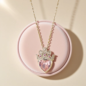 Pink heart crystal crown necklace in gold finish for a dreamy princess look