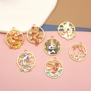 Chinese Style DIY Alloy Enamel Round Pendant Jewelry Accessories Dragon Phoenix Panda Koi Pattern Hollow Out Charms For Jewelry Making