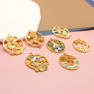 Collection of Chinese style enamel charms featuring dragon, phoenix, and panda designs.